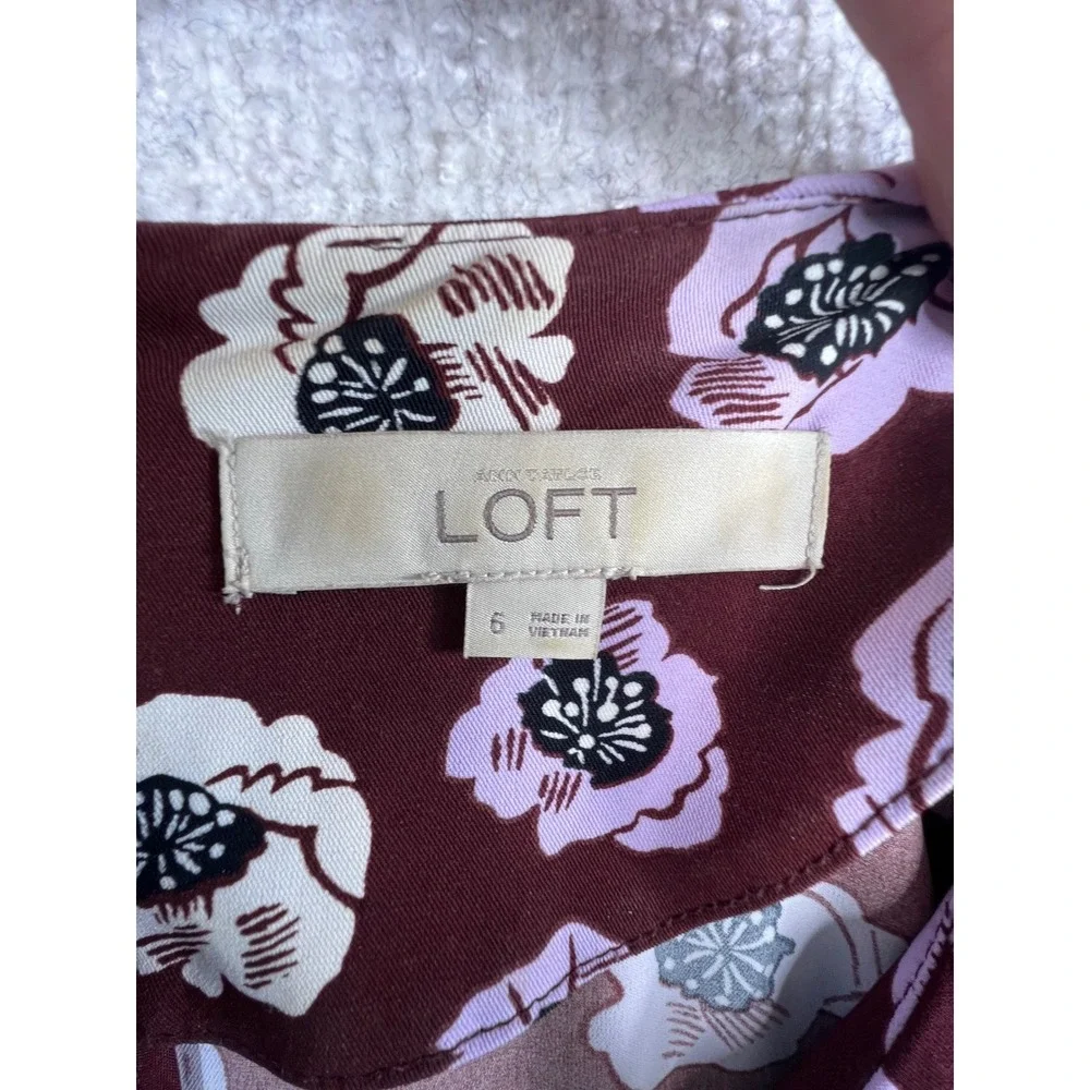 Loft Burgundy Floral Poppy Long Sleeve Ruffle Hem‎ Dress Purple White Womens
